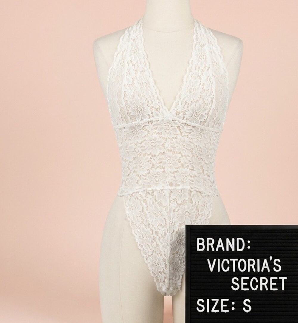 VTG Victoria's Secret Sheer Lace Halter Bodysuit Ivory White Plunge Teddy S VS